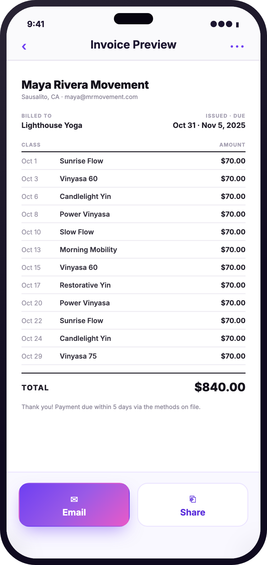 Finished invoice PDF preview