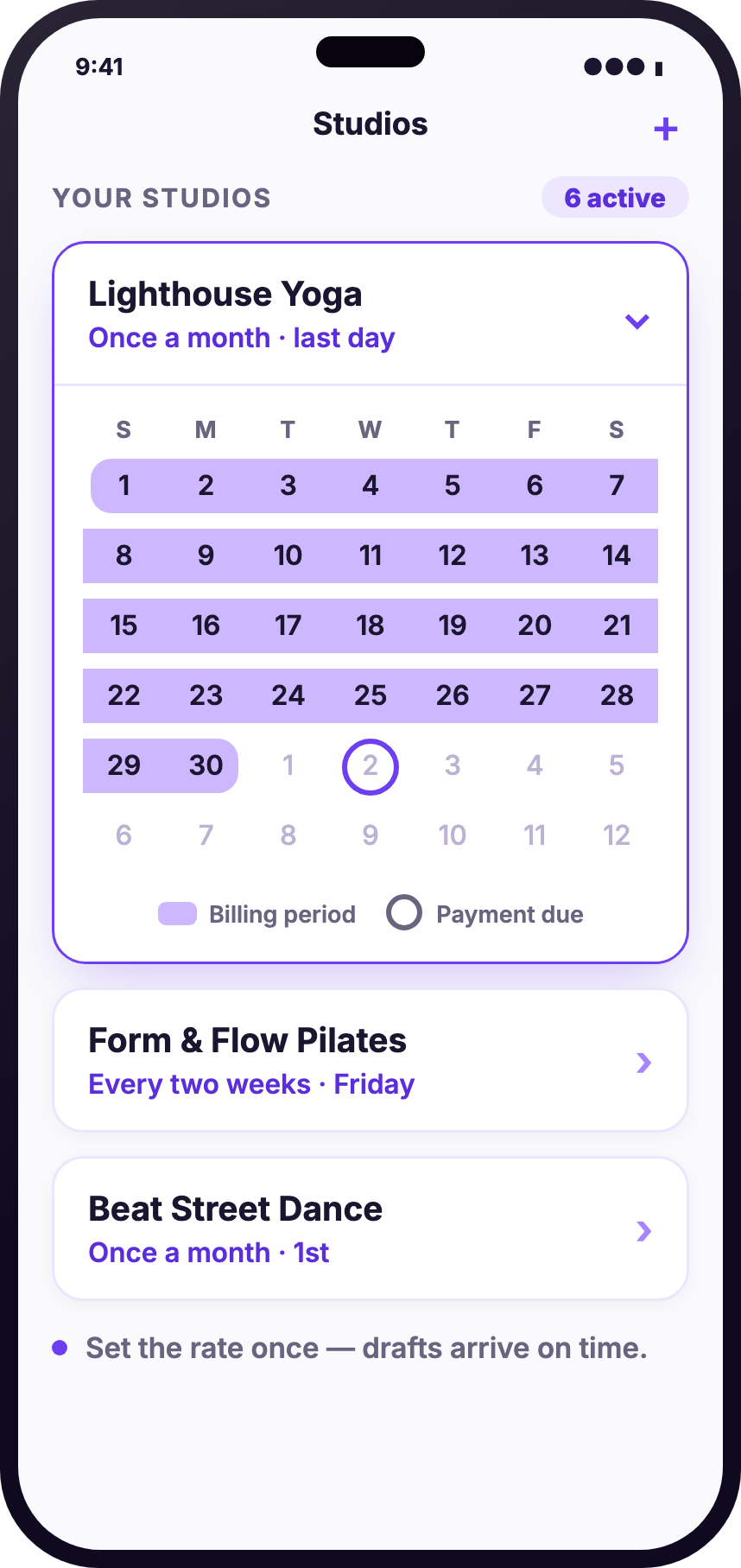 Studios list with billing schedule